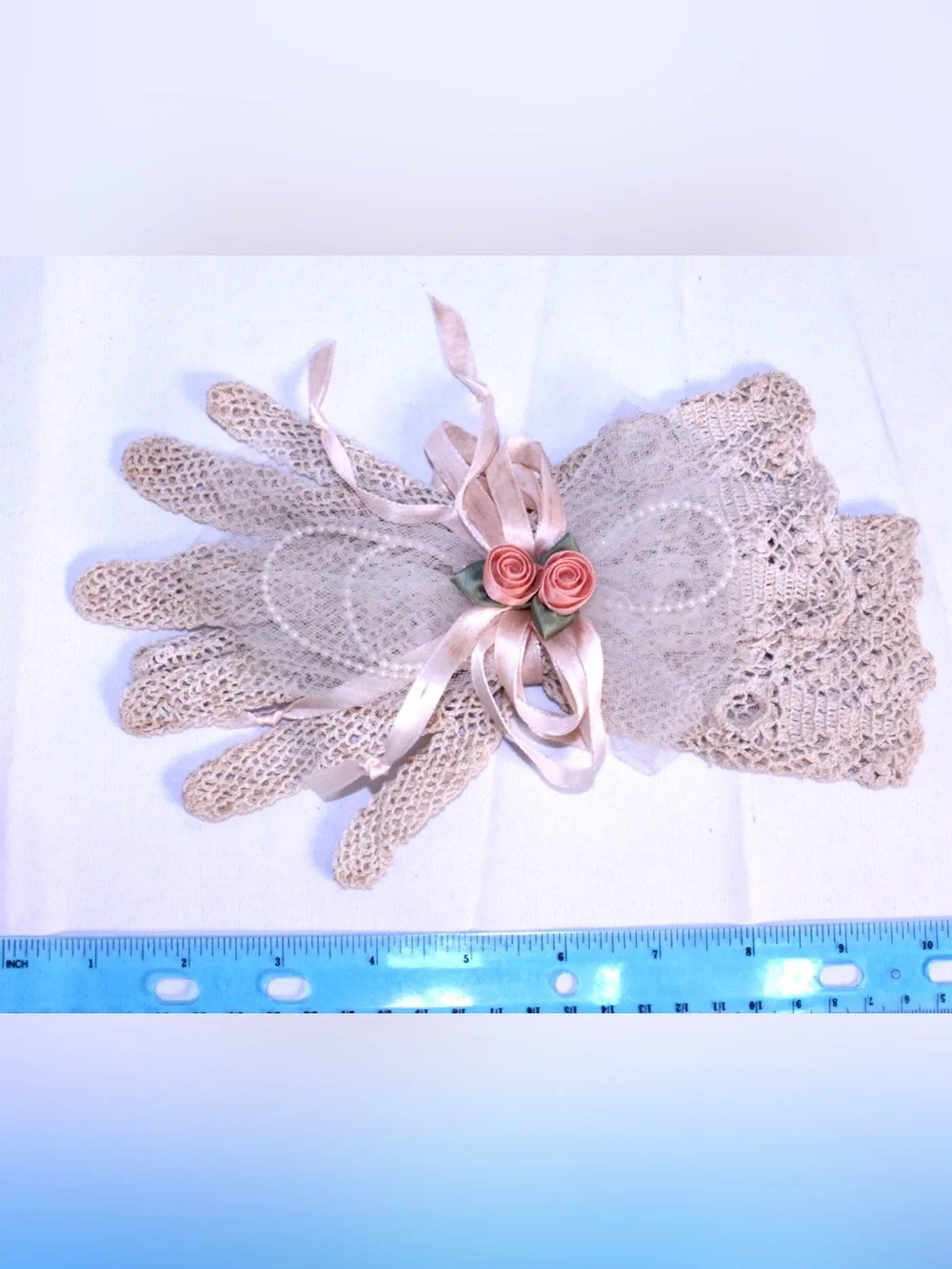 Vintage Hand-crocheted Lace Gloves - Pink Rose Accents